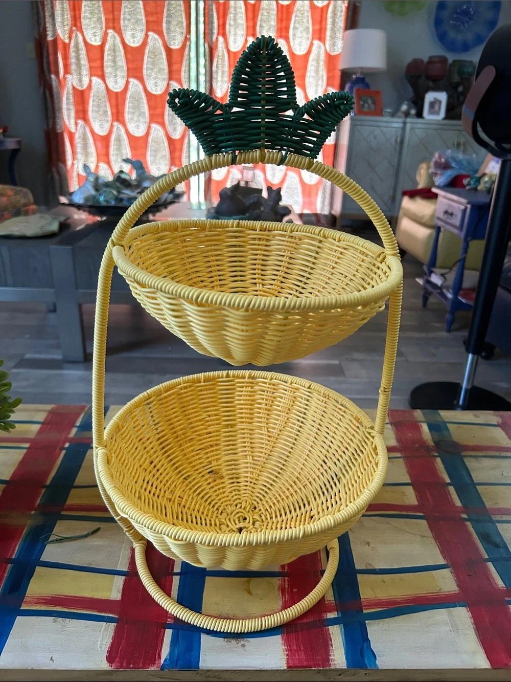 Yellow Two-Tier Wicker Serving Basket with Green Pineapple Accent